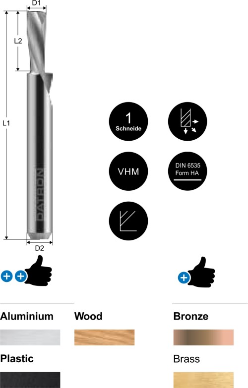 1-skärig fräs med vänsterspiral - Skärtryck neråt - downcut som passar för Aluminium, Plast, Trä, Mässing, Koppar och Brons.
